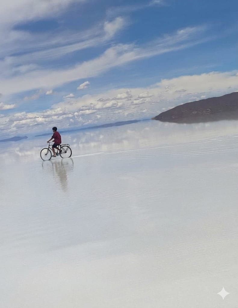 Guido Reyes Cayo cruzando el Salar de Uyuni en bicicleta
